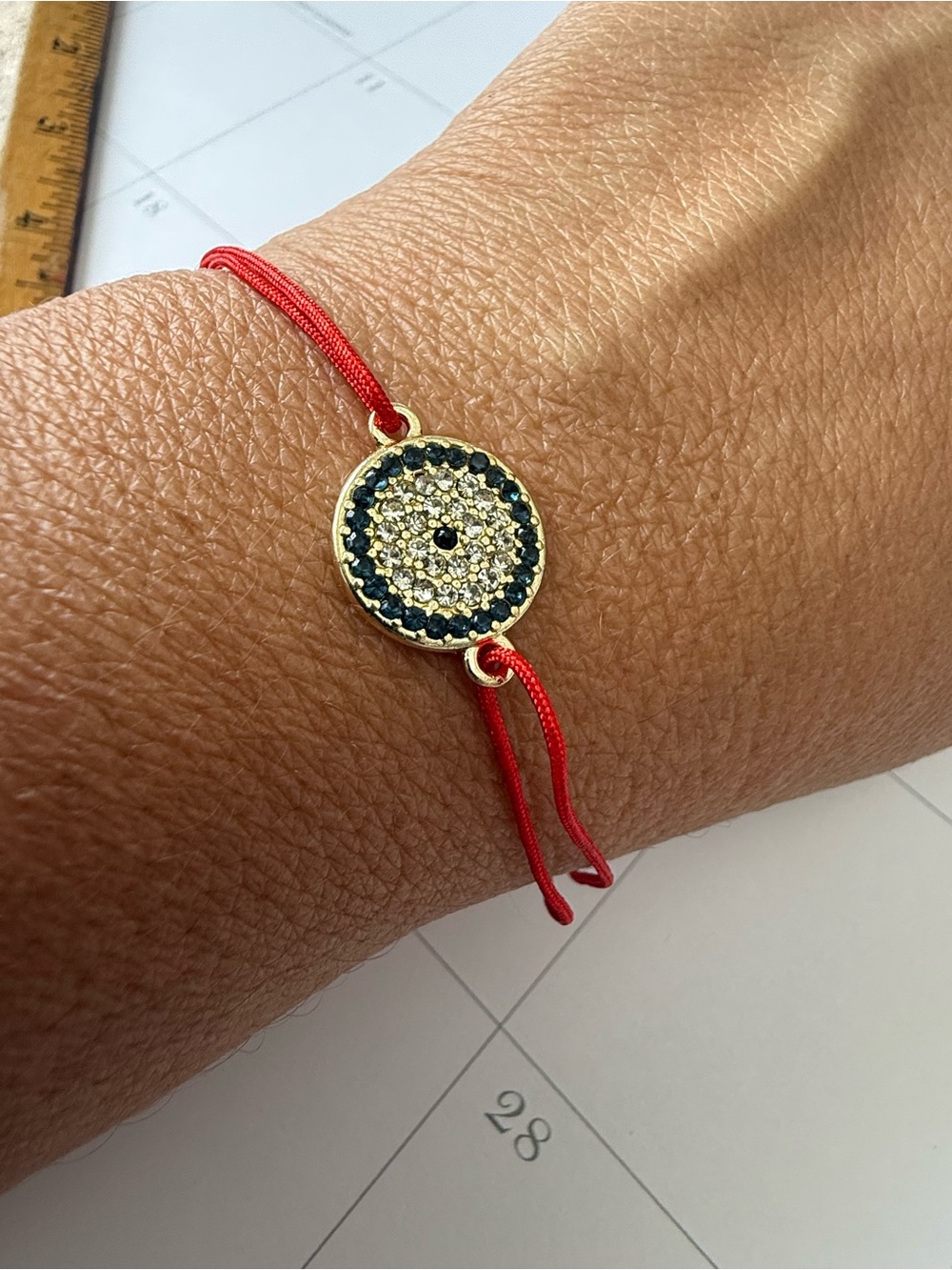 Gold Disc Pavé Charm Bracelet with Red Cord